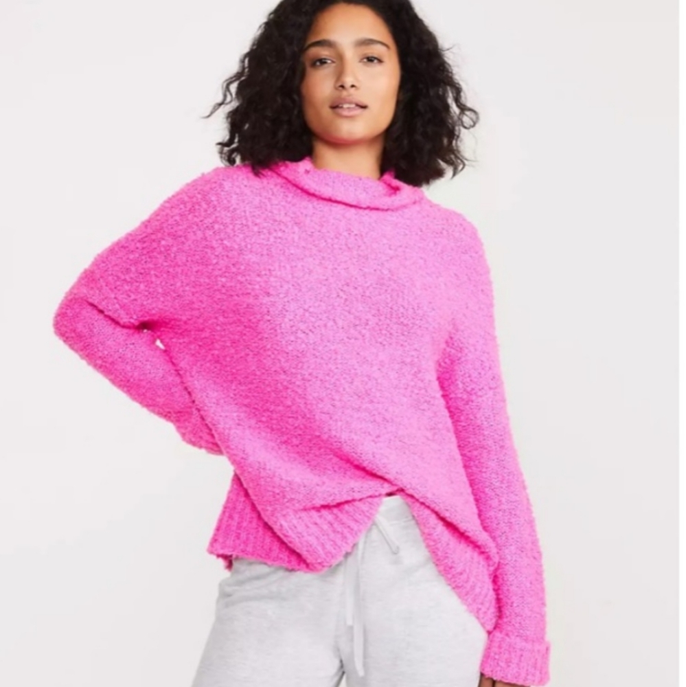 Lou & Grey Loft Boucle Turtleneck Tunic Sweater Small Bright Neon Pink
